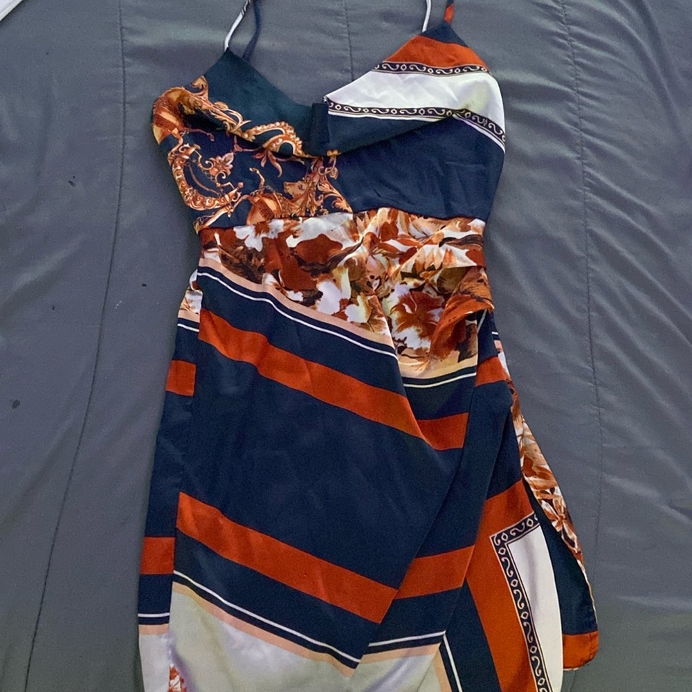 Orange and blue satin dress